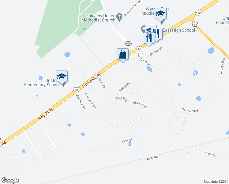 map of restaurants, bars, coffee shops, grocery stores, and more near 321 Kenlee Circle in Bowling Green