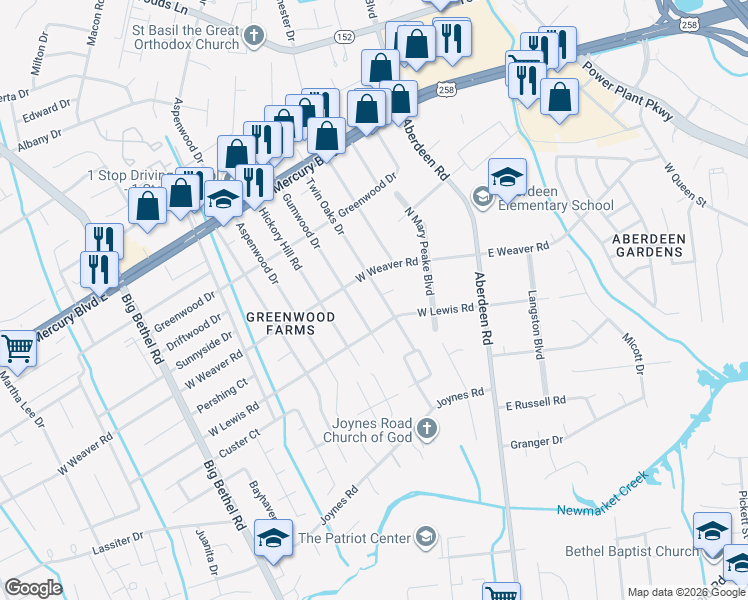 map of restaurants, bars, coffee shops, grocery stores, and more near 108 Twin Oaks Drive in Hampton