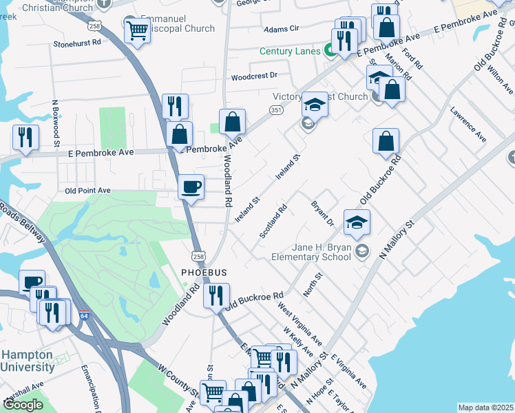map of restaurants, bars, coffee shops, grocery stores, and more near 30 Ireland Street in Hampton