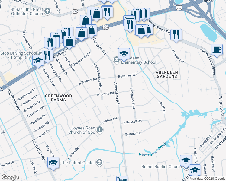 map of restaurants, bars, coffee shops, grocery stores, and more near 1 East Lewis Road in Hampton