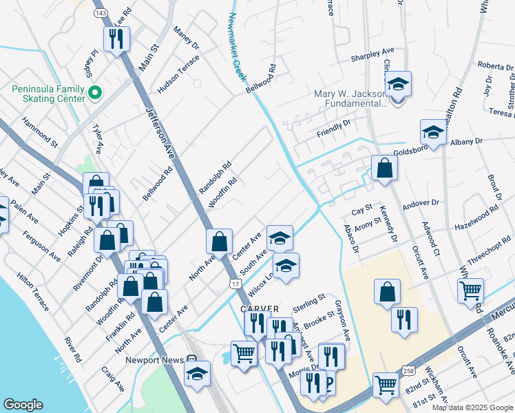 map of restaurants, bars, coffee shops, grocery stores, and more near 907 North Avenue in Newport News
