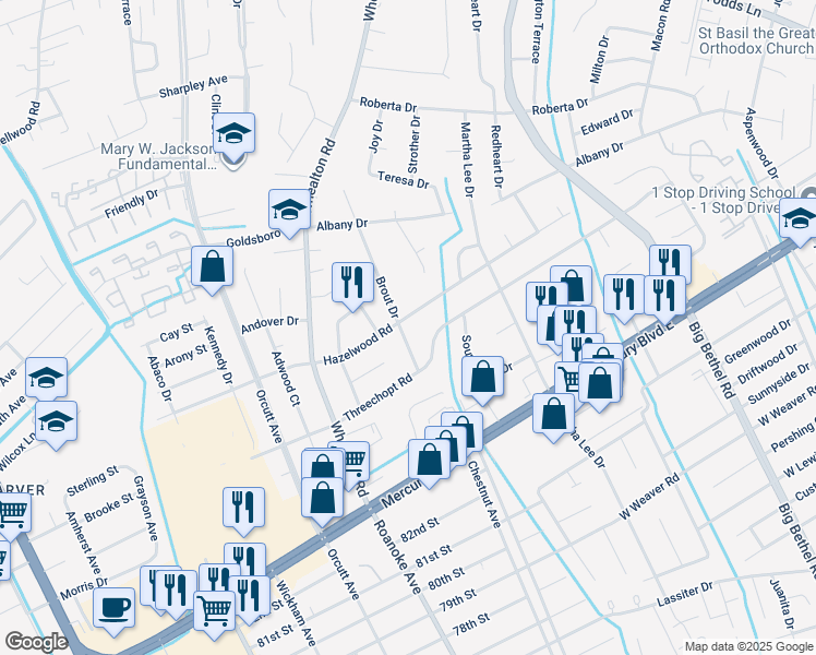map of restaurants, bars, coffee shops, grocery stores, and more near 336 Brout Drive in Hampton