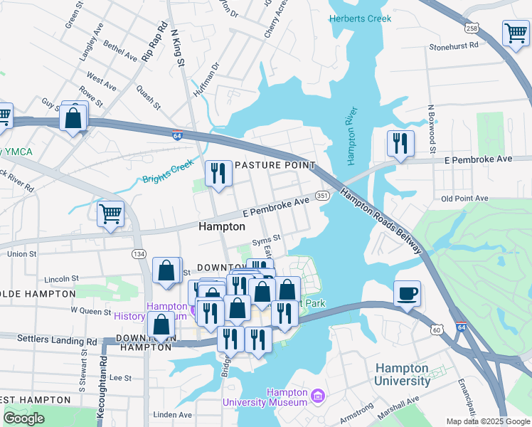 map of restaurants, bars, coffee shops, grocery stores, and more near 396 Eaton Street in Hampton