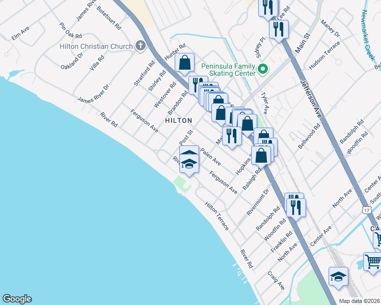 map of restaurants, bars, coffee shops, grocery stores, and more near 308 Ferguson Avenue in Newport News