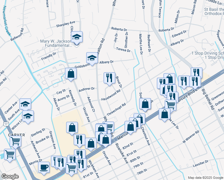 map of restaurants, bars, coffee shops, grocery stores, and more near 370 Nassau Pl in Hampton