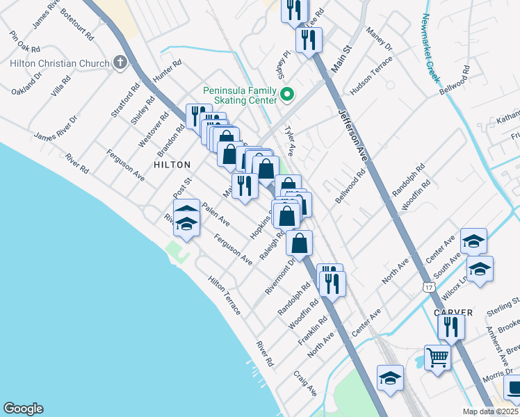 map of restaurants, bars, coffee shops, grocery stores, and more near 203 Piez Avenue in Newport News