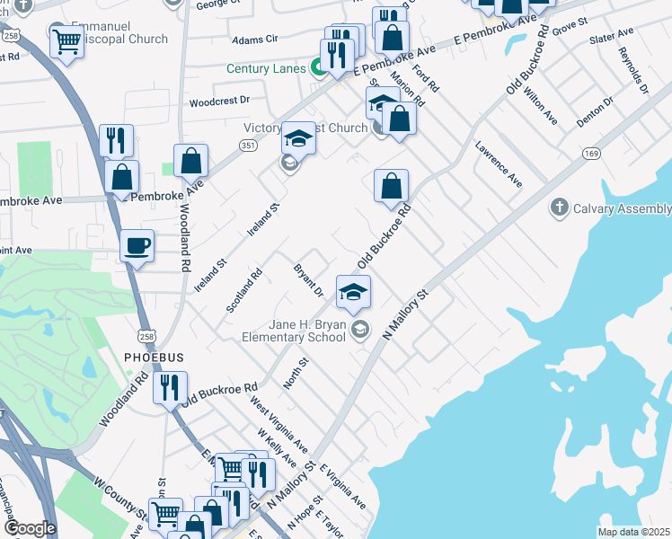 map of restaurants, bars, coffee shops, grocery stores, and more near 10 Whipple Drive in Hampton