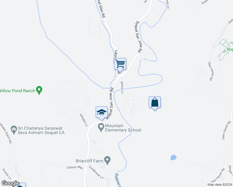 map of restaurants, bars, coffee shops, grocery stores, and more near 3364 Allred Lane in Soquel