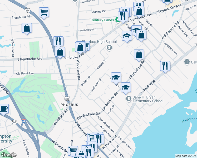 map of restaurants, bars, coffee shops, grocery stores, and more near 37 Scotland Road in Hampton