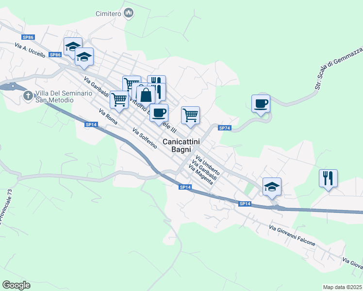 map of restaurants, bars, coffee shops, grocery stores, and more near 256 Via Garibaldi in Canicattini Bagni