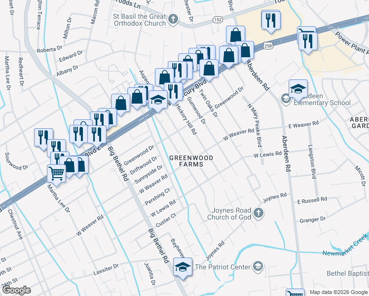 map of restaurants, bars, coffee shops, grocery stores, and more near 34 Aspenwood Drive in Hampton