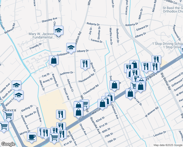 map of restaurants, bars, coffee shops, grocery stores, and more near 335 Brout Drive in Hampton
