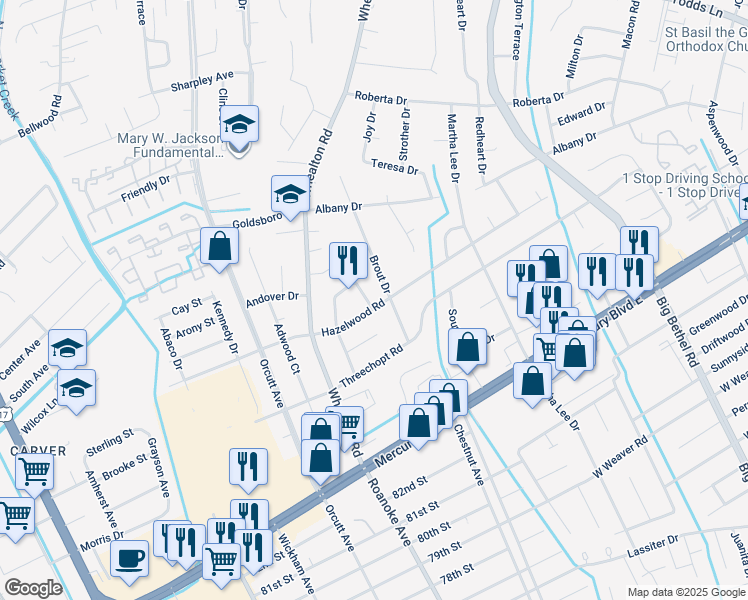 map of restaurants, bars, coffee shops, grocery stores, and more near 335 Brout Drive in Hampton