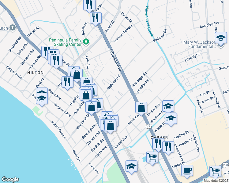 map of restaurants, bars, coffee shops, grocery stores, and more near 520 Bellwood Road in Newport News