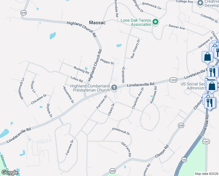 map of restaurants, bars, coffee shops, grocery stores, and more near 3937 Lovelaceville Road in Paducah