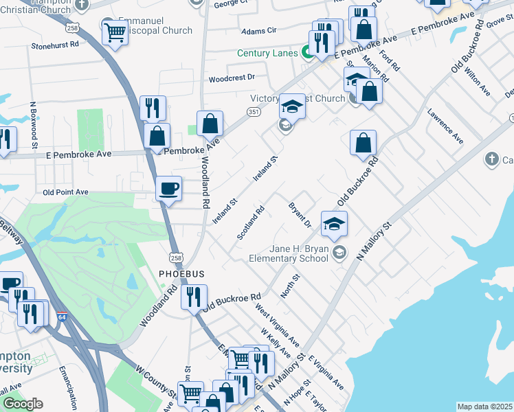 map of restaurants, bars, coffee shops, grocery stores, and more near 37 Scotland Road in Hampton