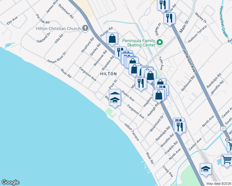 map of restaurants, bars, coffee shops, grocery stores, and more near 308 Ferguson Avenue in Newport News