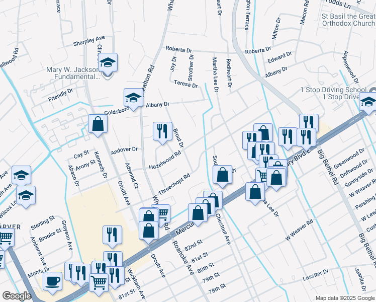 map of restaurants, bars, coffee shops, grocery stores, and more near 336 Brout Drive in Hampton