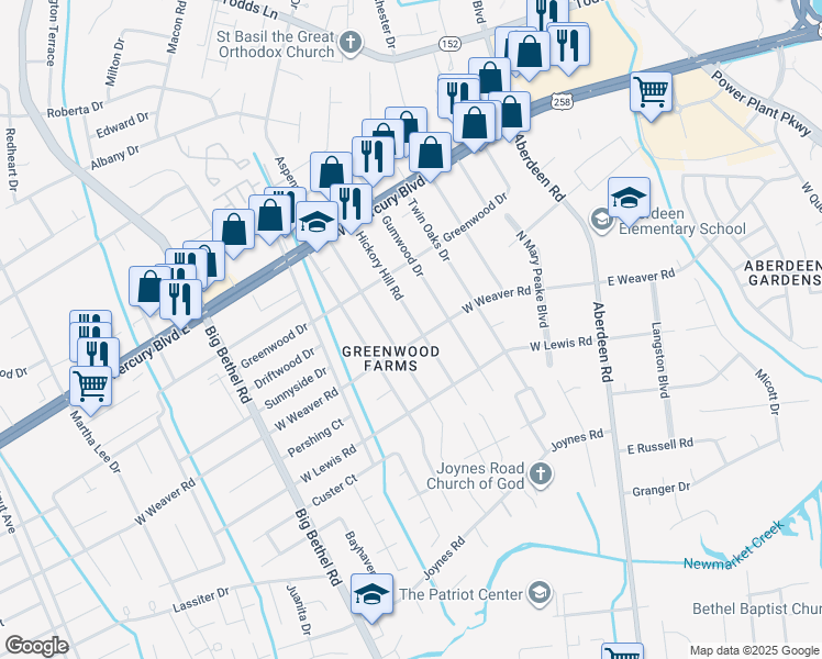 map of restaurants, bars, coffee shops, grocery stores, and more near 40 Hickory Hill Road in Hampton