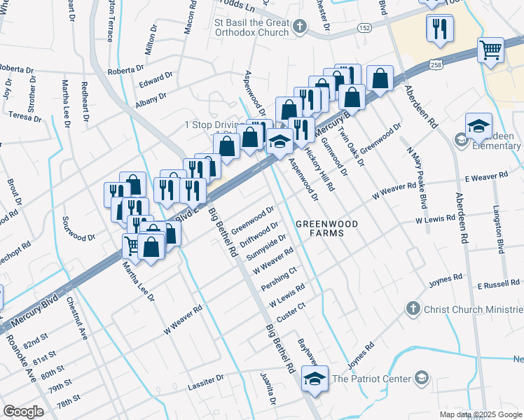 map of restaurants, bars, coffee shops, grocery stores, and more near 3306 Greenwood Drive in Hampton
