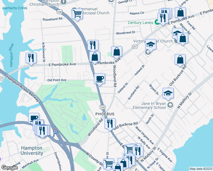 map of restaurants, bars, coffee shops, grocery stores, and more near 719 Oakland Avenue in Hampton