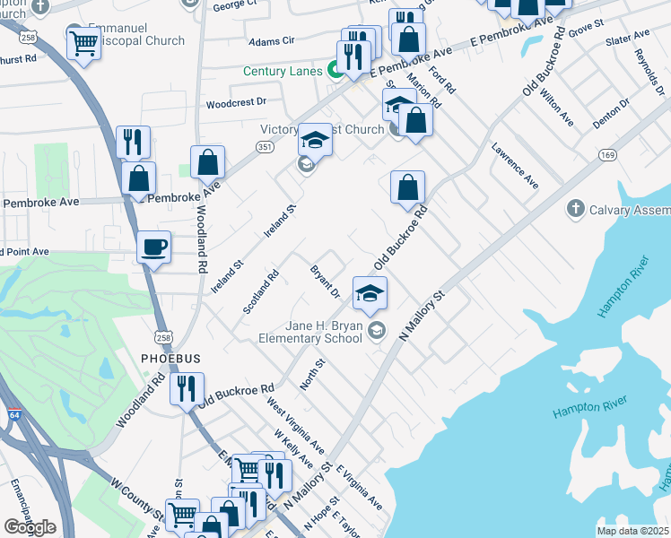 map of restaurants, bars, coffee shops, grocery stores, and more near 5 Whipple Drive in Hampton