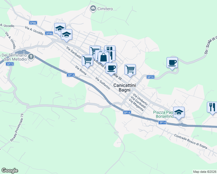map of restaurants, bars, coffee shops, grocery stores, and more near 37 Via Masaniello in Canicattini Bagni