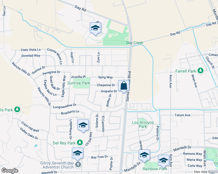 map of restaurants, bars, coffee shops, grocery stores, and more near 1102 Cheyenne Drive in Gilroy