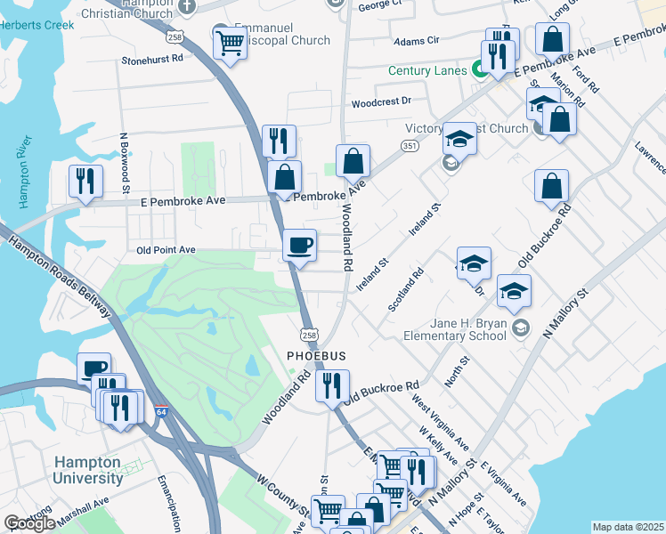 map of restaurants, bars, coffee shops, grocery stores, and more near 725 Oakland Avenue in Hampton