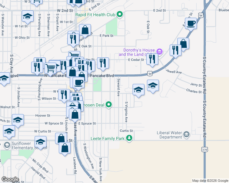 map of restaurants, bars, coffee shops, grocery stores, and more near 448 East Hickory Street in Liberal