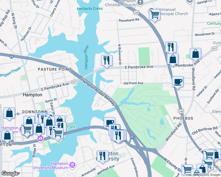 map of restaurants, bars, coffee shops, grocery stores, and more near 10 Garland Street in Hampton
