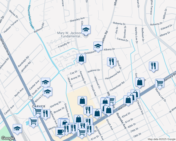 map of restaurants, bars, coffee shops, grocery stores, and more near 8518 Orcutt Avenue in Newport News