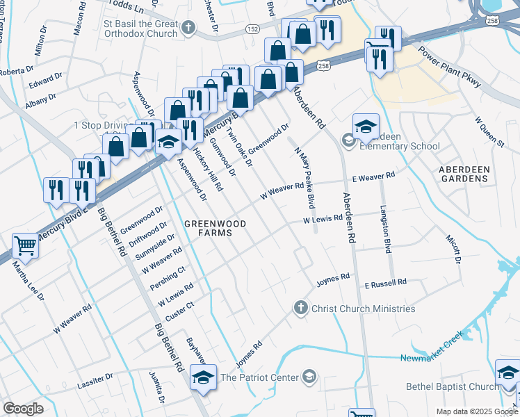 map of restaurants, bars, coffee shops, grocery stores, and more near 103 Gumwood Drive in Hampton