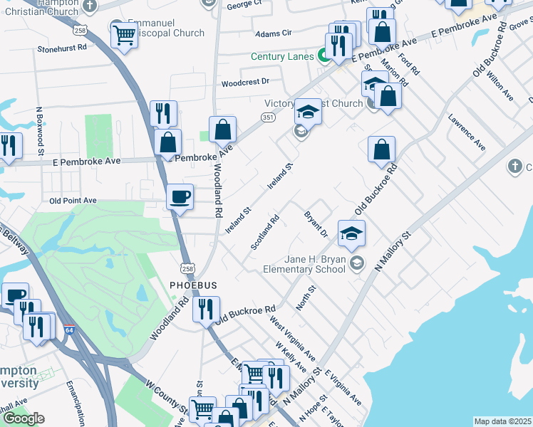 map of restaurants, bars, coffee shops, grocery stores, and more near 35 Scotland Road in Hampton