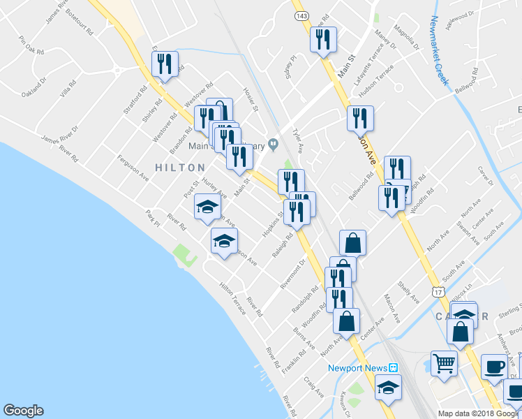 map of restaurants, bars, coffee shops, grocery stores, and more near 211 Piez Avenue in Newport News