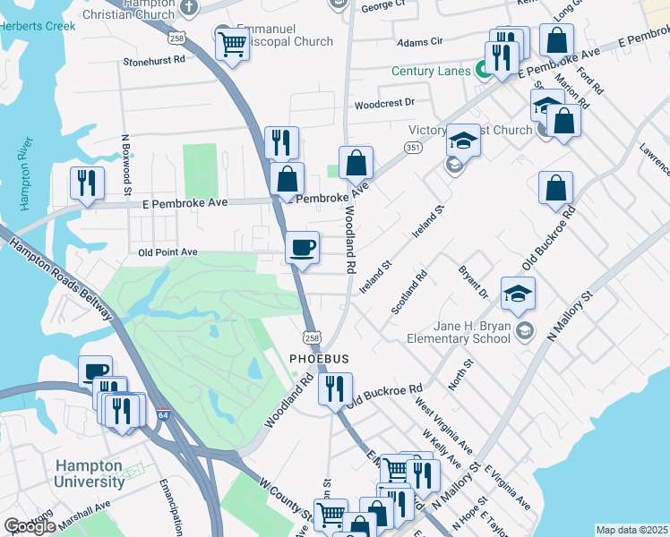 map of restaurants, bars, coffee shops, grocery stores, and more near 725 Oakland Avenue in Hampton