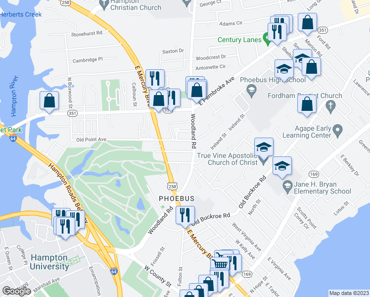 map of restaurants, bars, coffee shops, grocery stores, and more near 719 Oakland Avenue in Hampton