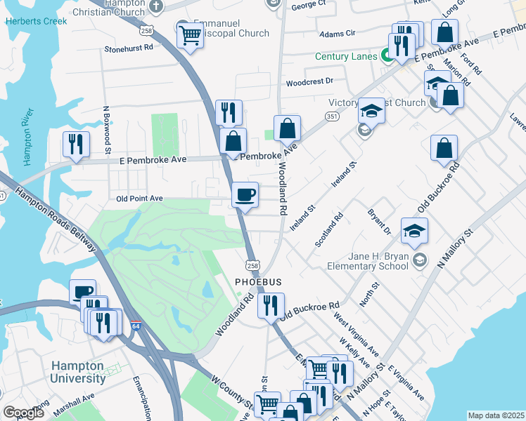 map of restaurants, bars, coffee shops, grocery stores, and more near 719 Oakland Avenue in Hampton