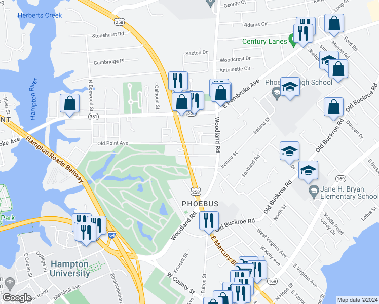map of restaurants, bars, coffee shops, grocery stores, and more near 331 East Mercury Boulevard in Hampton