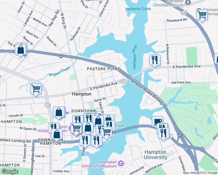 map of restaurants, bars, coffee shops, grocery stores, and more near 329 Center Street in Hampton