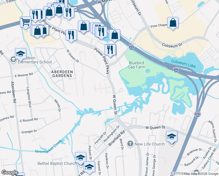 map of restaurants, bars, coffee shops, grocery stores, and more near 1625 Power Plant Parkway in Hampton