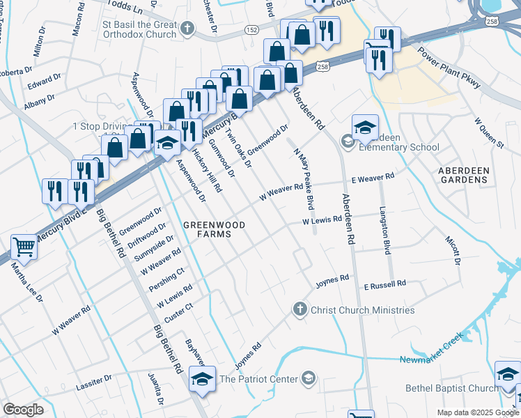 map of restaurants, bars, coffee shops, grocery stores, and more near 103 Gumwood Drive in Hampton