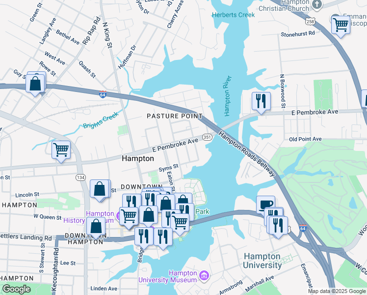 map of restaurants, bars, coffee shops, grocery stores, and more near 329 Center Street in Hampton