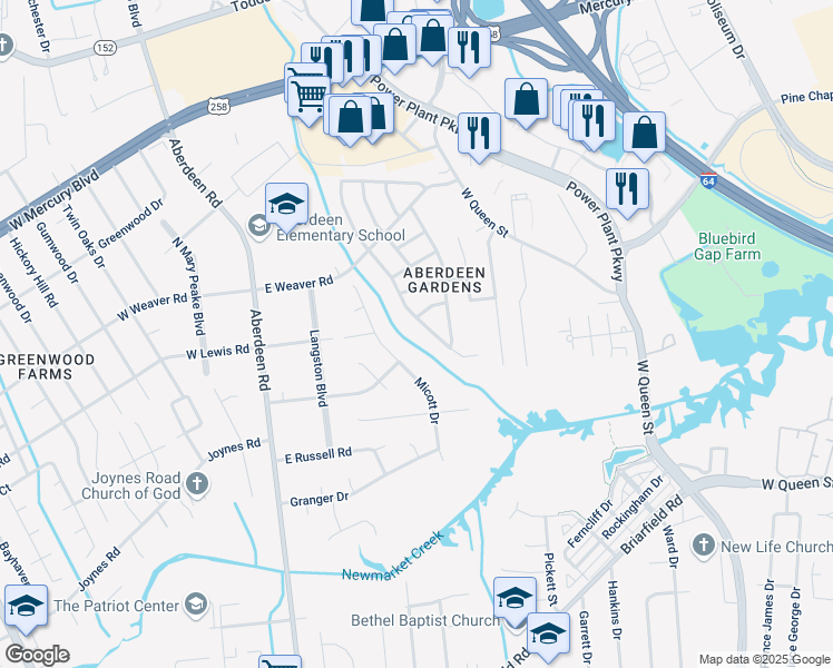 map of restaurants, bars, coffee shops, grocery stores, and more near 31 Jordan Drive in Hampton