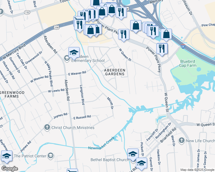 map of restaurants, bars, coffee shops, grocery stores, and more near 31 Jordan Drive in Hampton