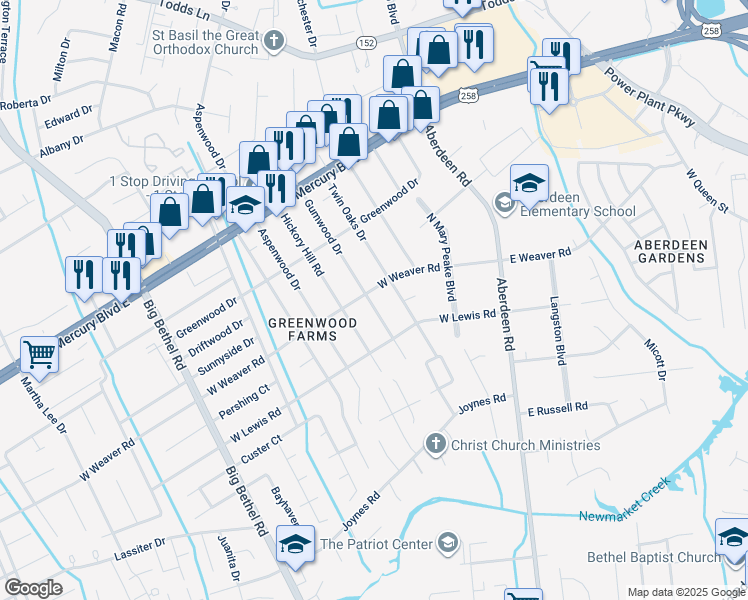 map of restaurants, bars, coffee shops, grocery stores, and more near 117 Gumwood Drive in Hampton