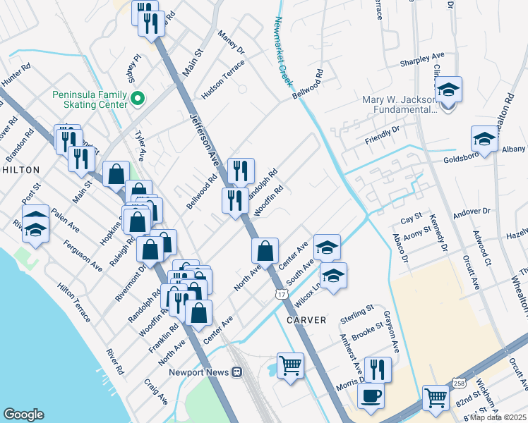 map of restaurants, bars, coffee shops, grocery stores, and more near 600 Woodfin Road in Newport News