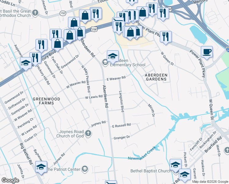 map of restaurants, bars, coffee shops, grocery stores, and more near 9 E Lewis Rd in Hampton