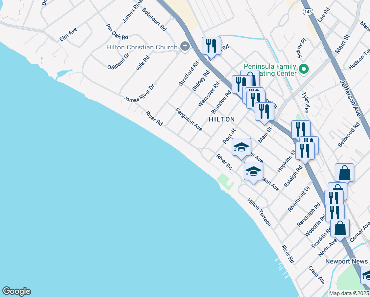 map of restaurants, bars, coffee shops, grocery stores, and more near 507 River Road in Newport News