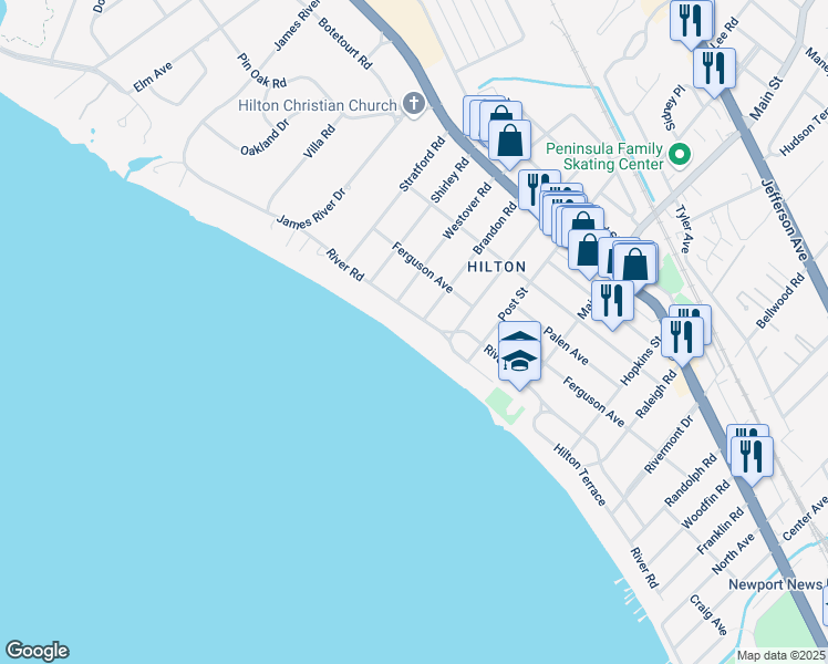 map of restaurants, bars, coffee shops, grocery stores, and more near 507 River Road in Newport News